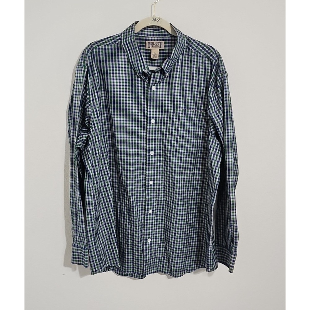 Duluth Trading Shirt Men XLarge Green Blue Check Button Up Long Sleeve Colorful